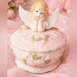 Vintage Cherub Angel Trinket Box | 7” Porcelain Keepsake Jewelry Box